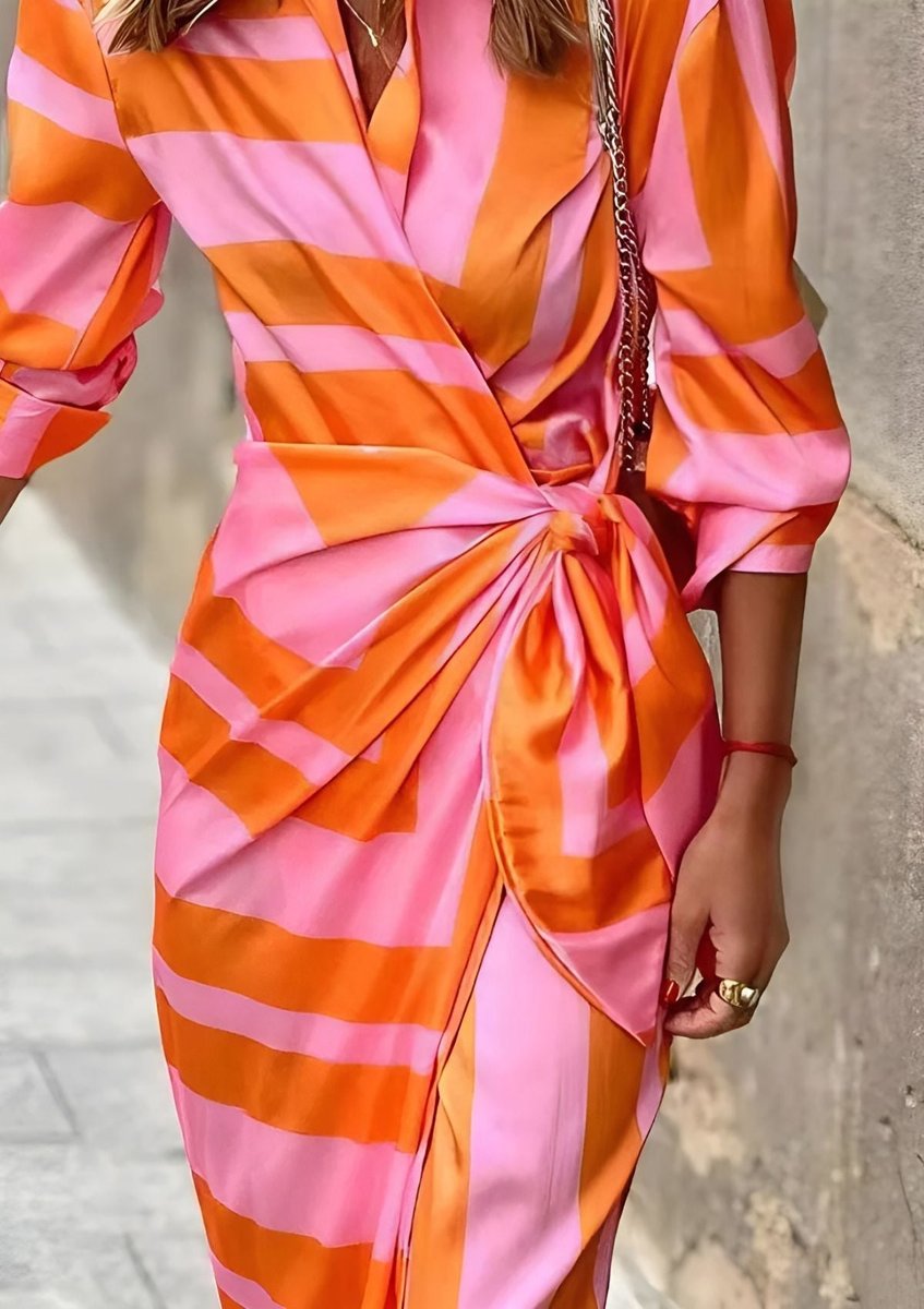 Women's Striped Wrap Maxi Long Sleeve Dress