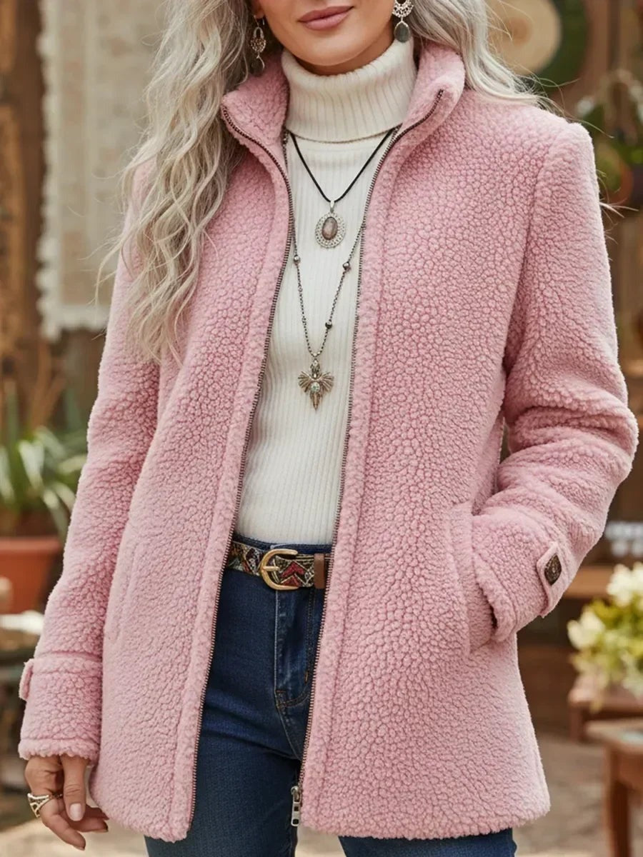 Women's Teddy Jacket with Stand Collar and Side Pockets - Pink