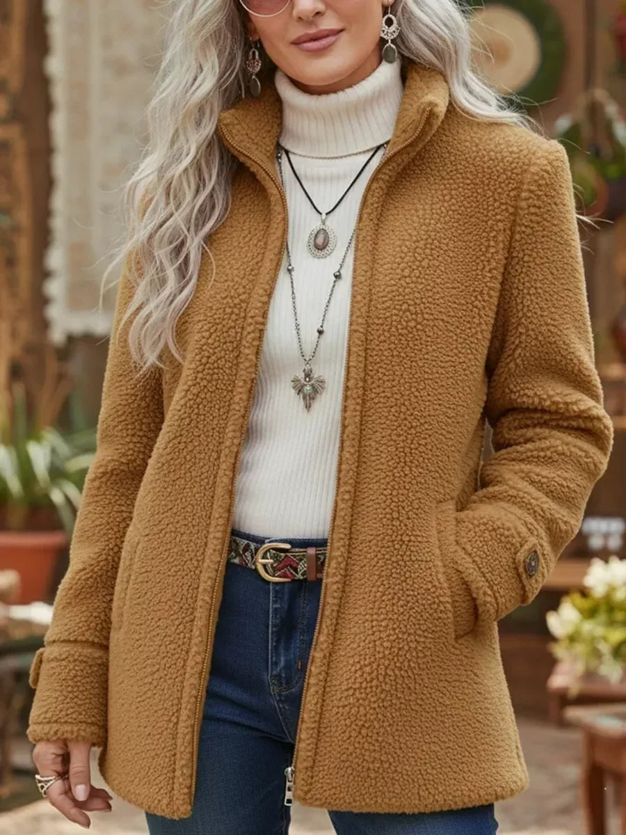 Women's Teddy Jacket with Stand Collar and Side Pockets - Camel
