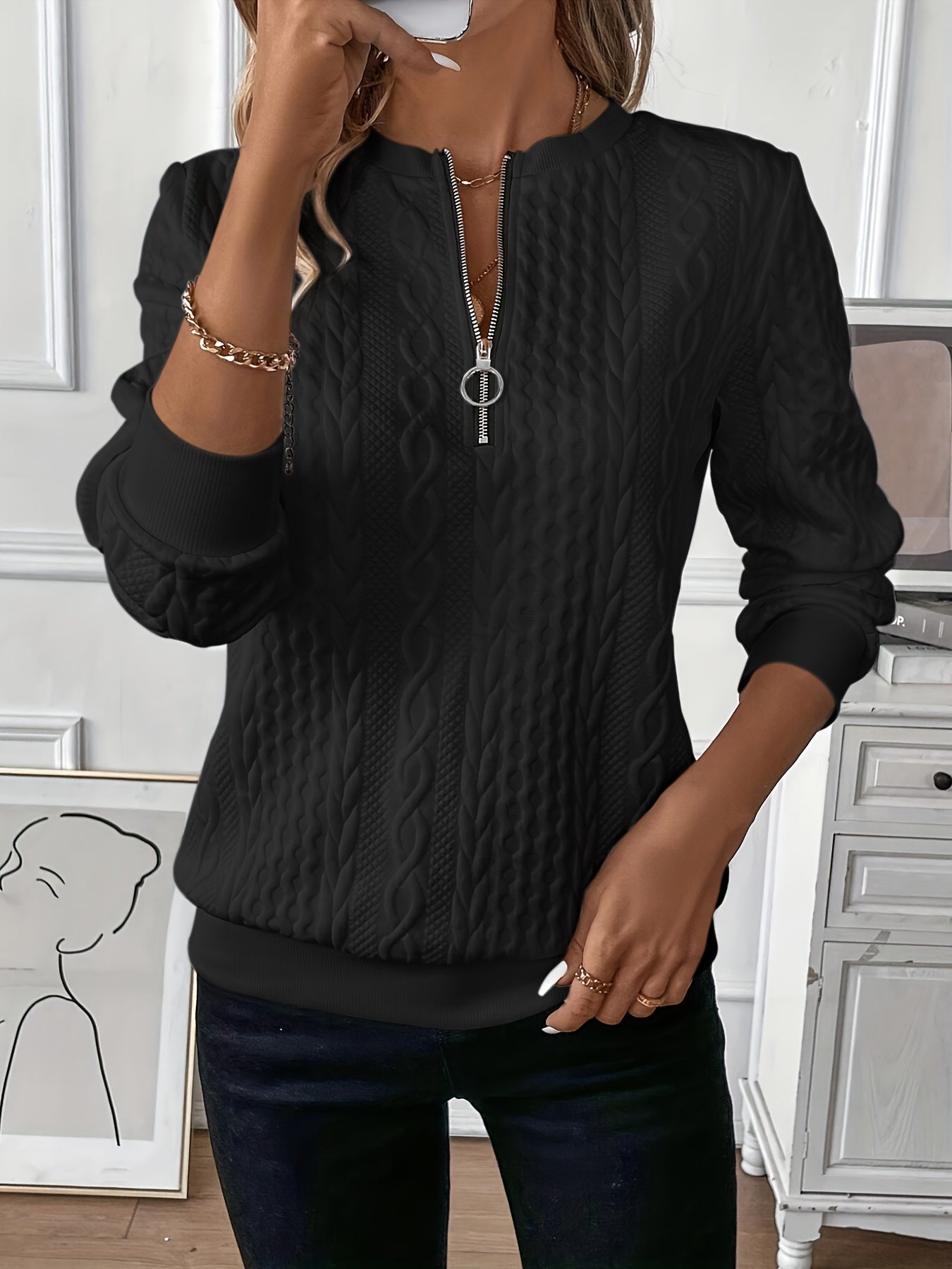 Women's Twisted Knit Sweater with Neck Zip - photo 7