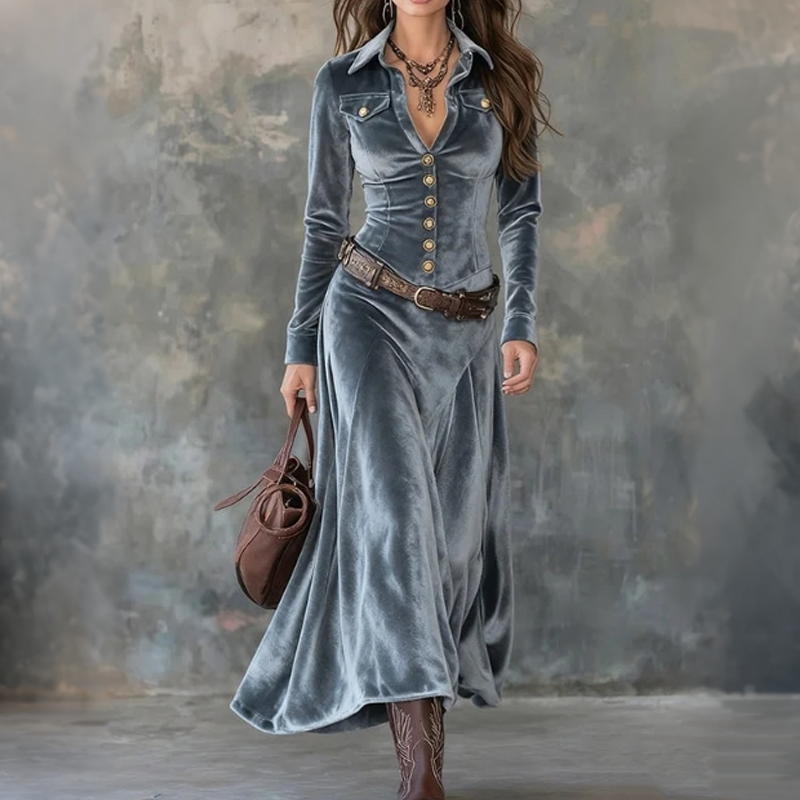 Women's Velvet Maxi Shirt Dress with a V-Neckline