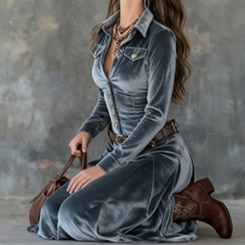Women's Velvet Maxi Shirt Dress with a V-Neckline – view 9