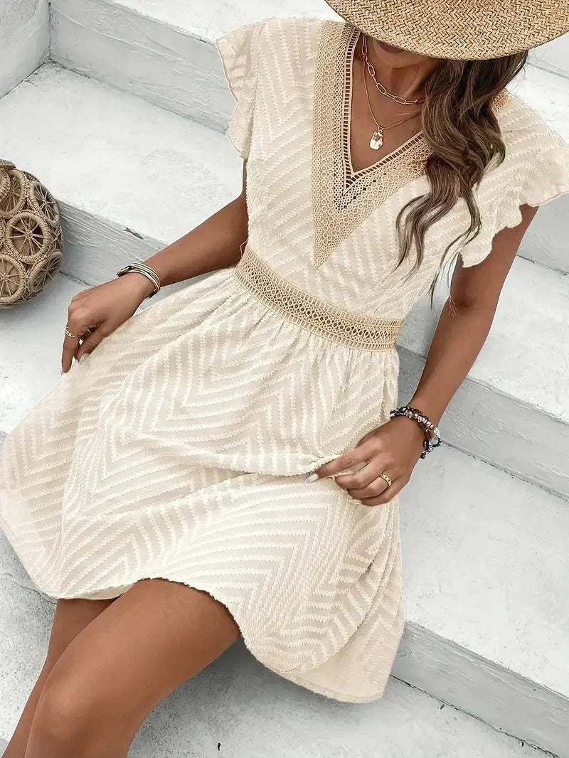 Women's Woven Mini Dress with V-Neck Trim and Flutter Sleeves
