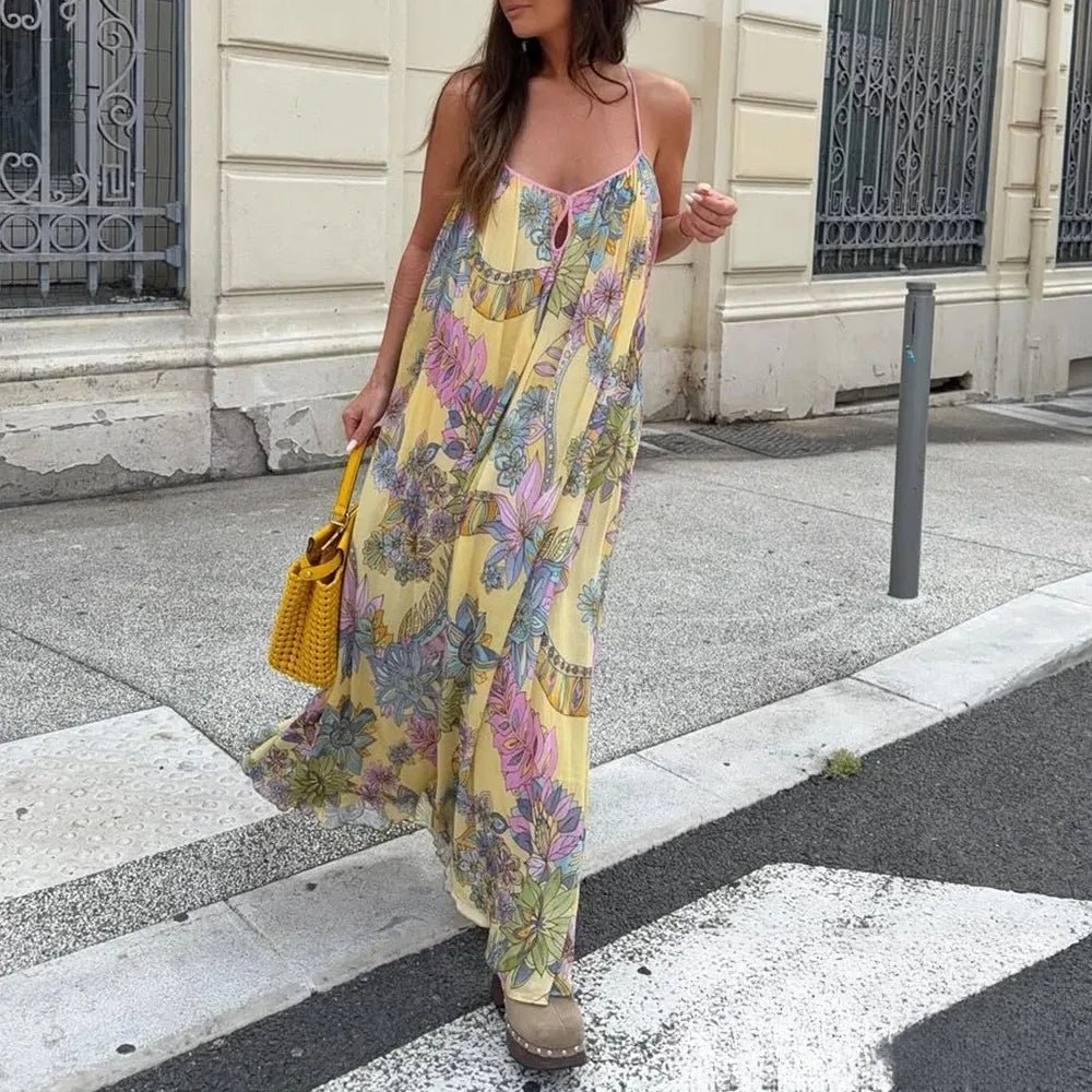 Betty - Abito da invitata a un matrimonio da donna in chiffon giallo a fiori