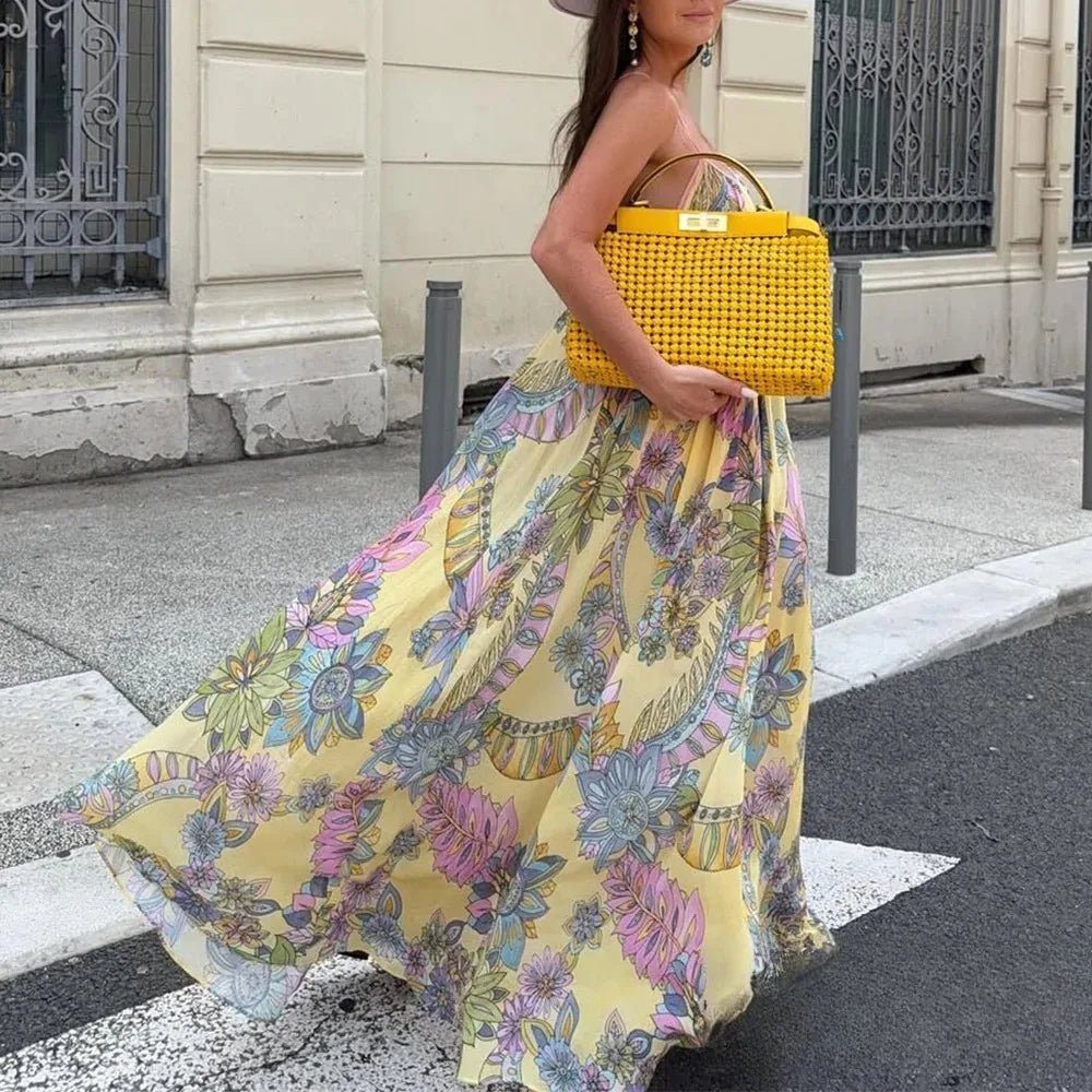 Betty - Abito da invitata a un matrimonio da donna in chiffon giallo a fiori