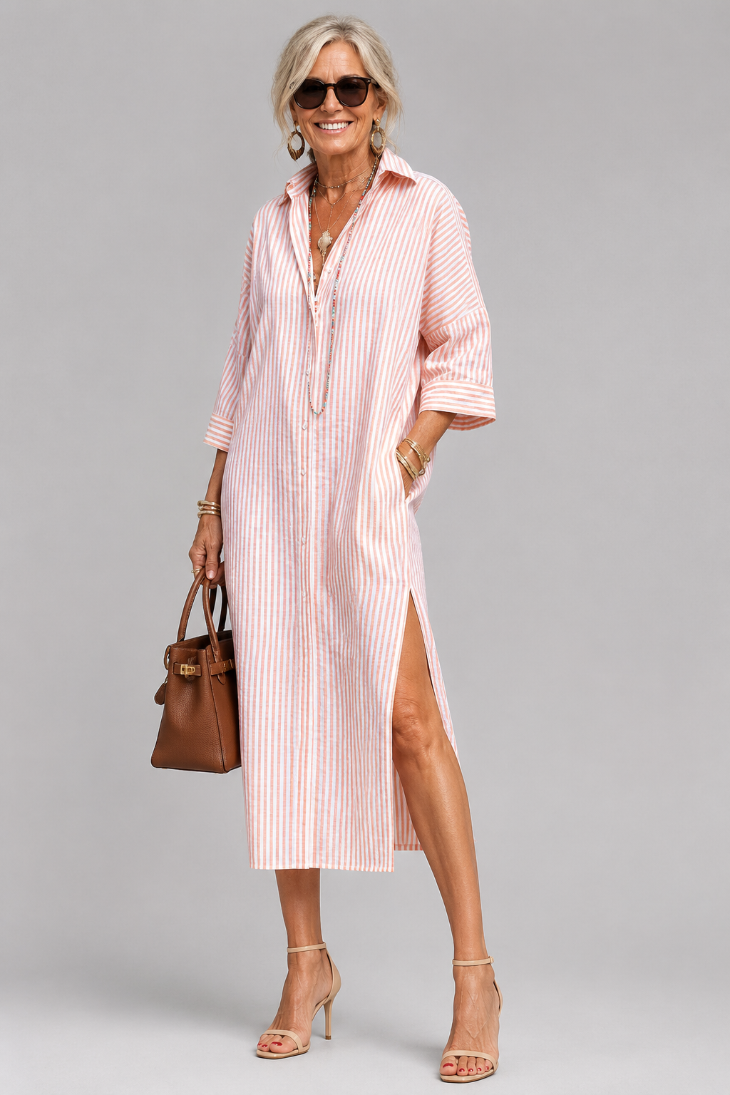 Yara - Women's Striped Shirt Midi Dress with Side Split - photo 1