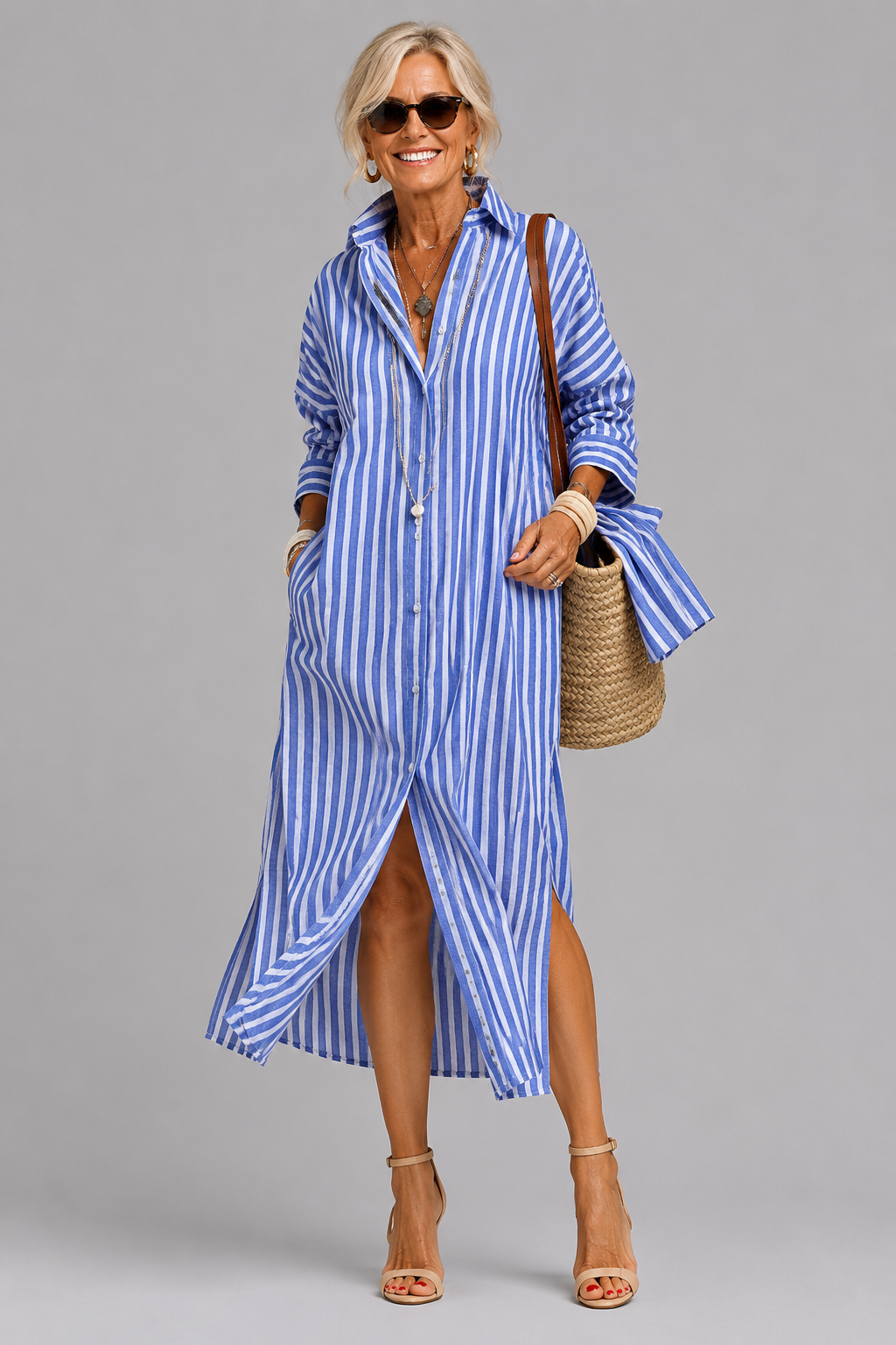 Yara - Women's Striped Shirt Midi Dress with Side Split - photo 2