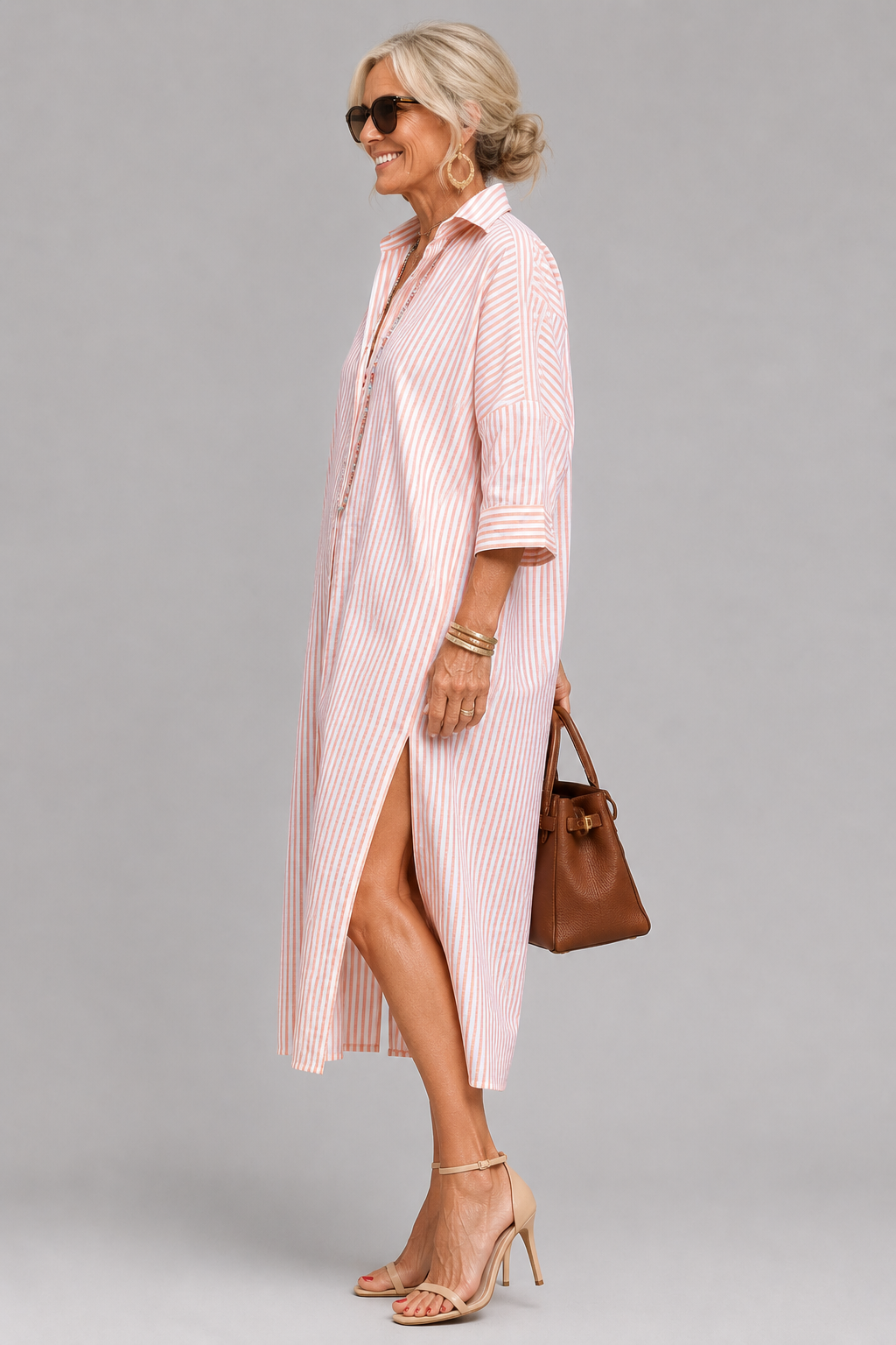 Yara - Women's Striped Shirt Midi Dress with Side Split - photo 6