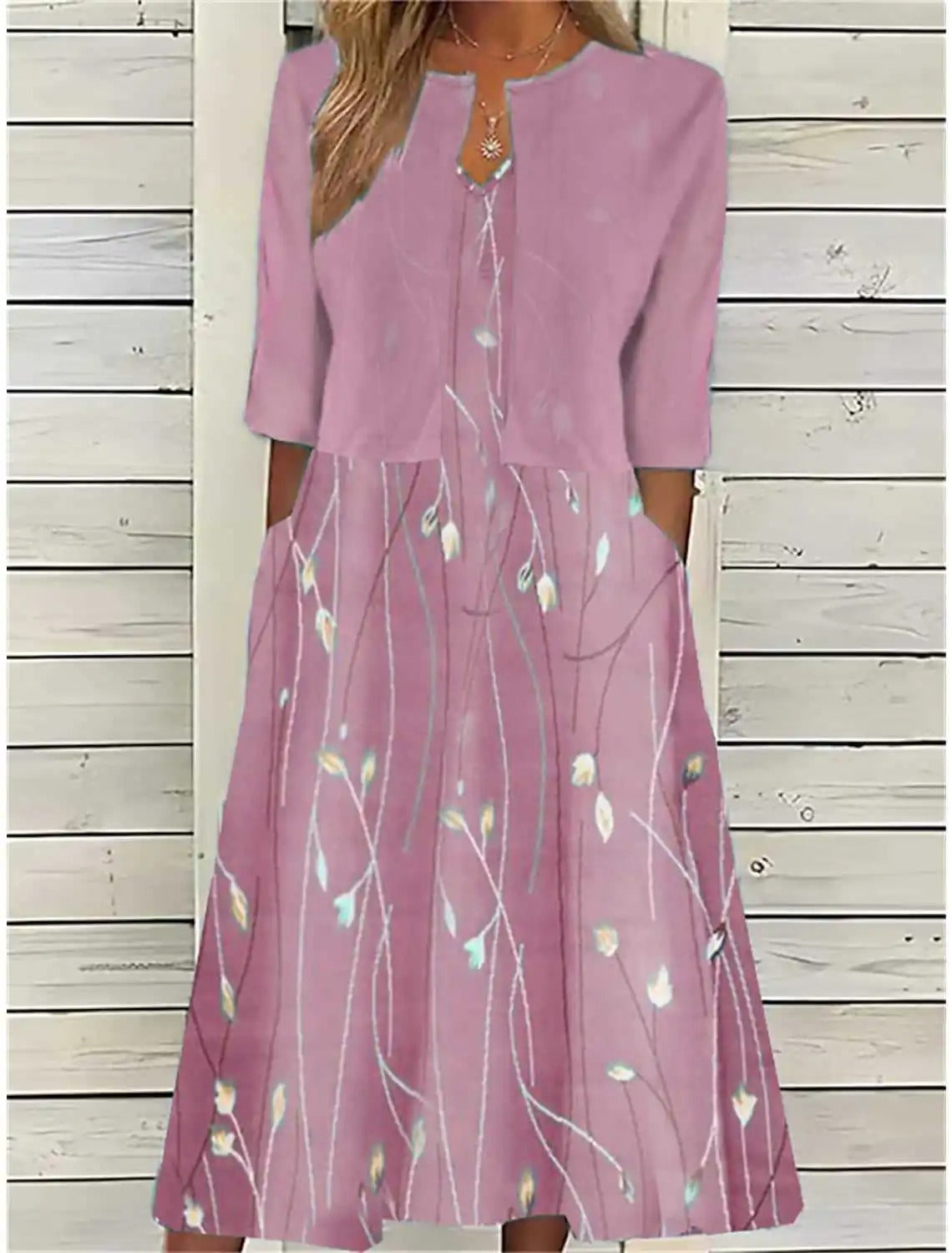 Mia - Women's Floral Cotton Blend Midi Dress with Pockets