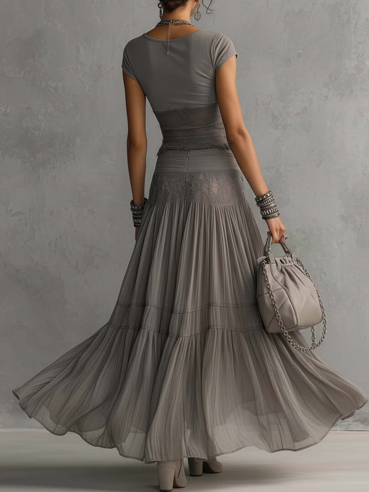 Ensemble Femme 2 Pièces avec Jupe Longue Plissée Fluide