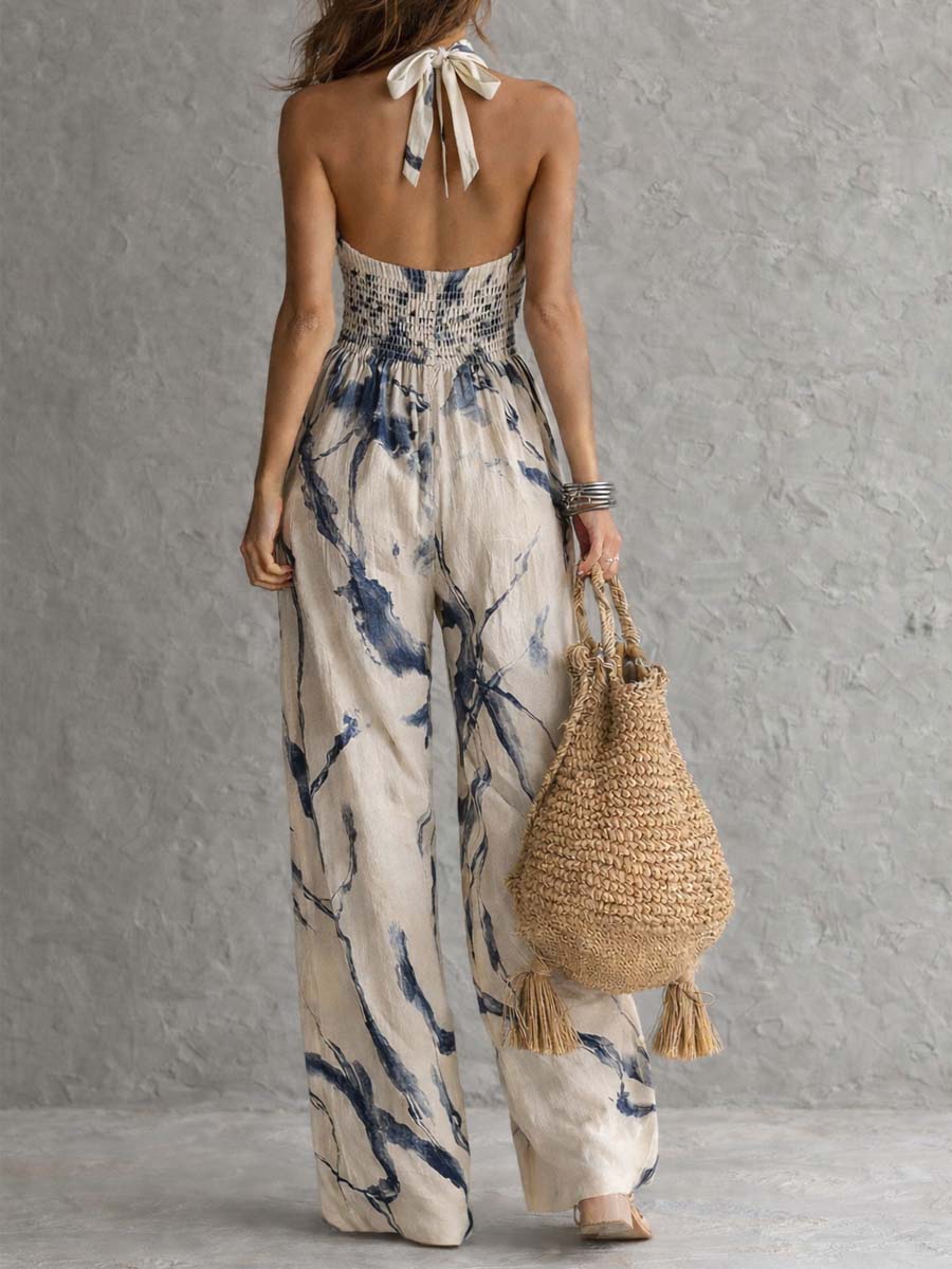 Women's Wide Leg Halter Jumpsuit with Artistic Print