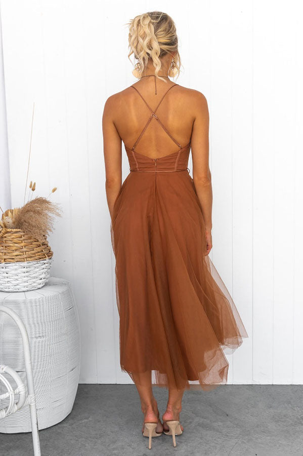 Women's Tulle Midi Dress with Spaghetti Straps