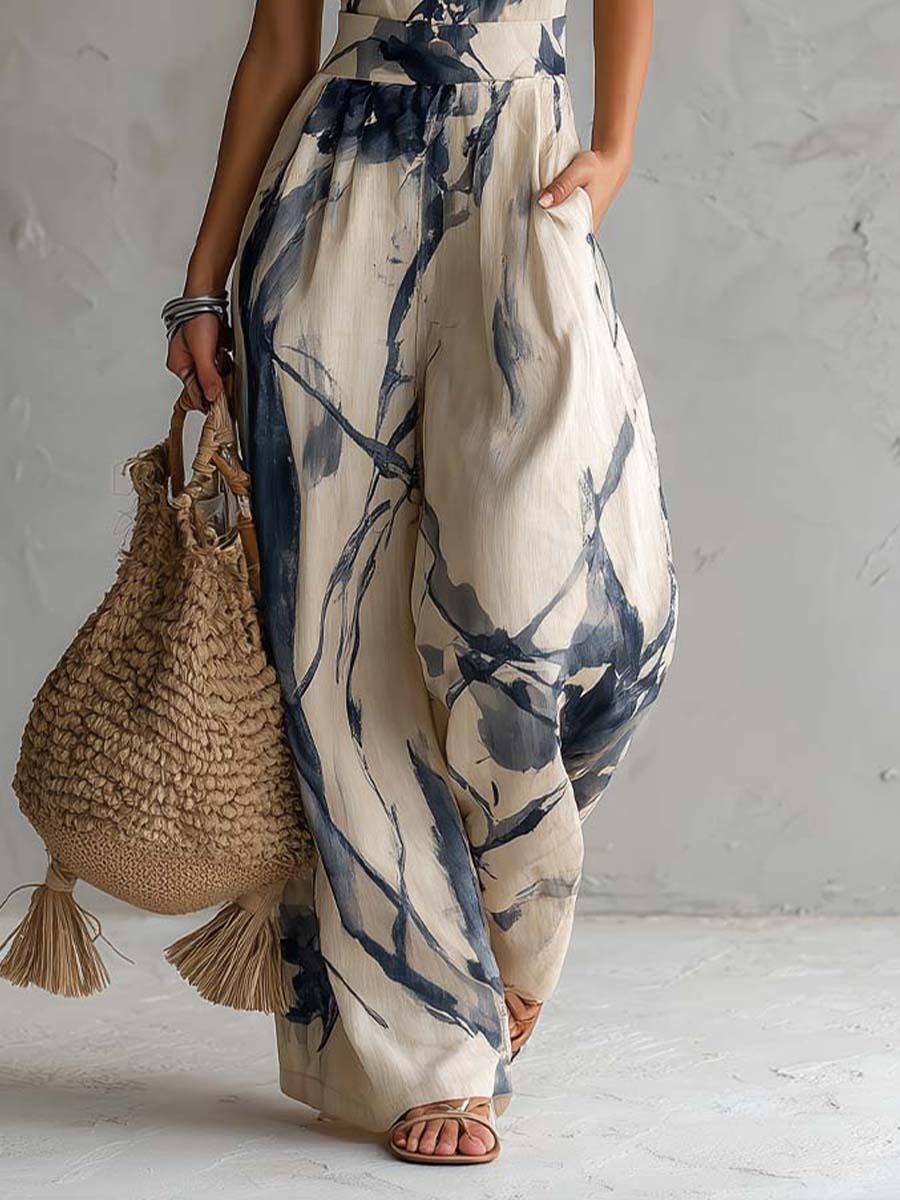 Women's Wide Leg Halter Jumpsuit with Artistic Print