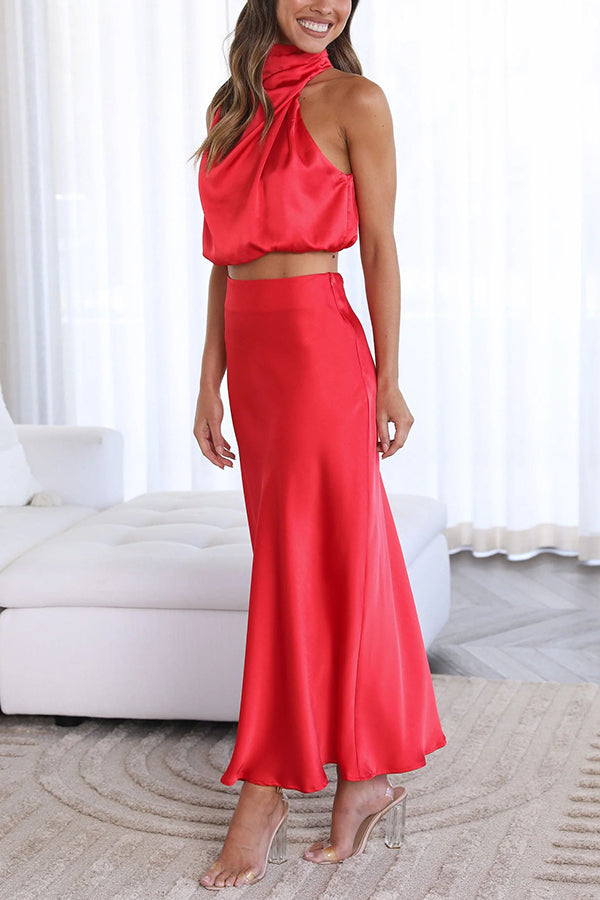 Ensemble Deux Pièces Satiné à Col Halter pour Femme Tenue de Soirée à Dos Nu