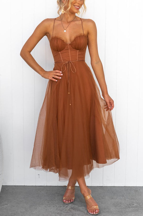 Women's Tulle Midi Dress with Spaghetti Straps
