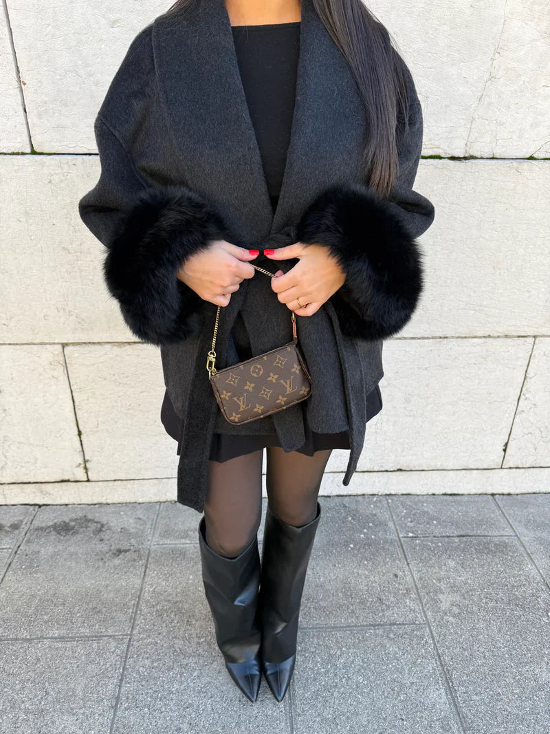 Women's Faux Fur Trim Belted Wrap Coat - photo 9