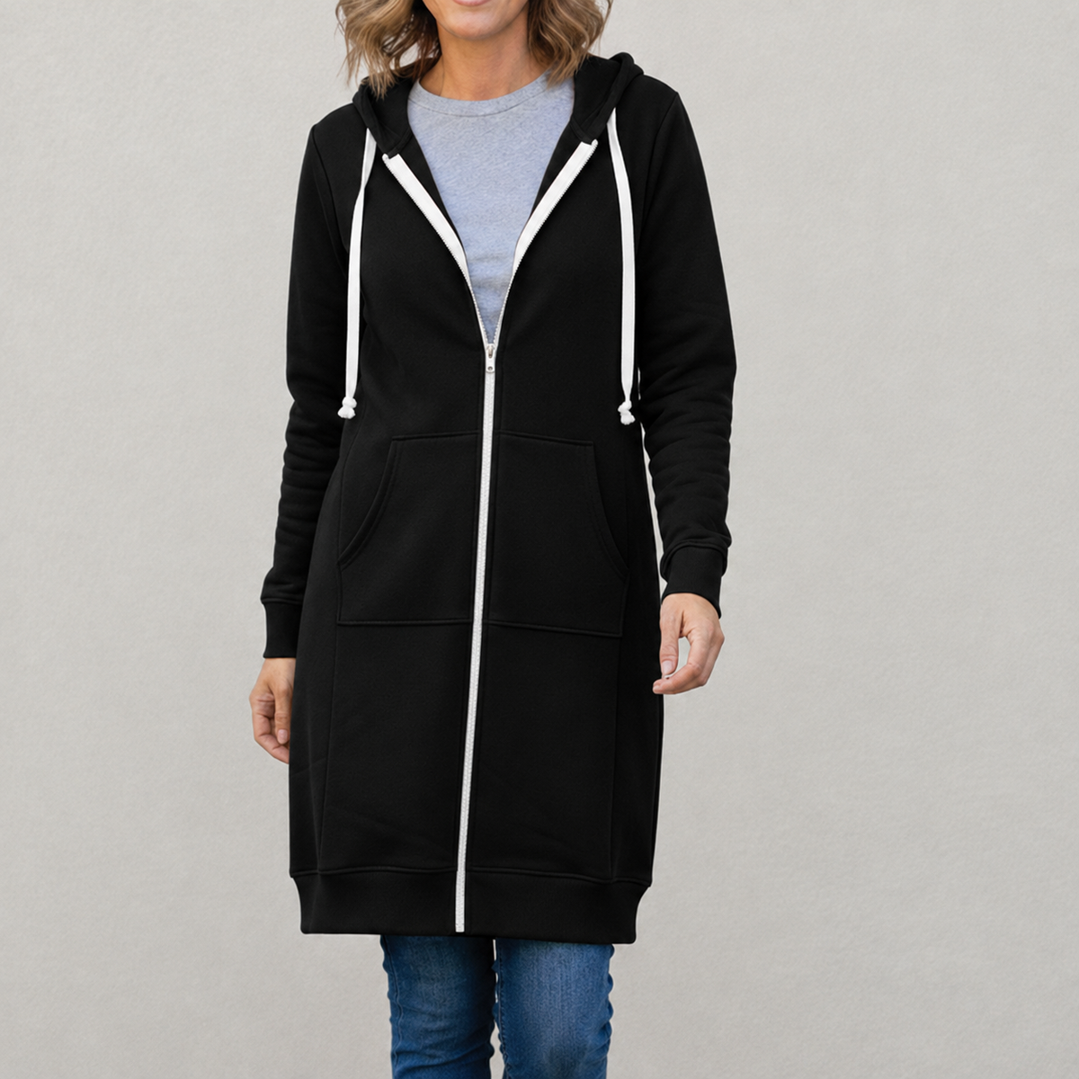 Veronica - Women's Long Hooded Jumper - Black