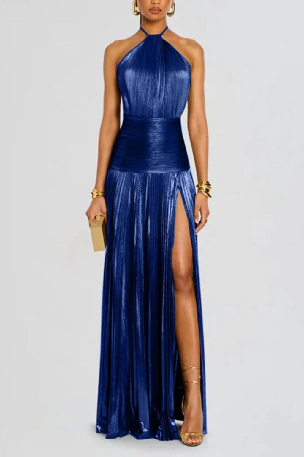 Maxi abito elegante da donna in raso con scollo all’americana, ideale per invitate a matrimoni