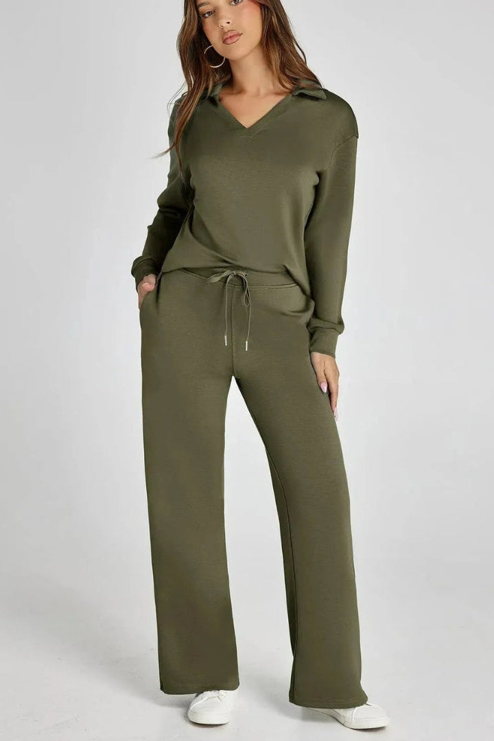 Women's Lounge Set with Collared V Neck Top and Wide Leg Pants