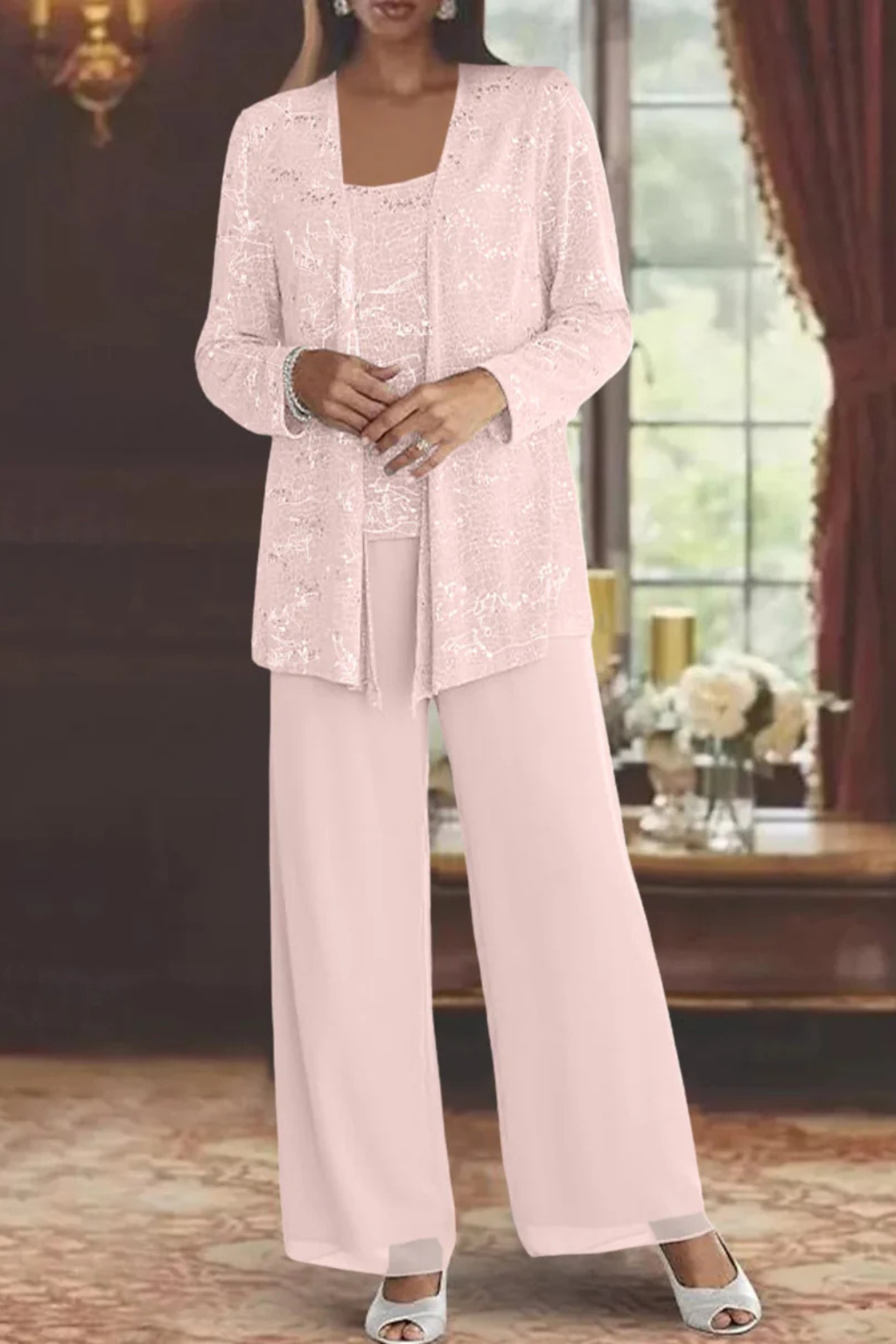 Women's Sequin Lace Three Piece Trouser Suit Wide Leg