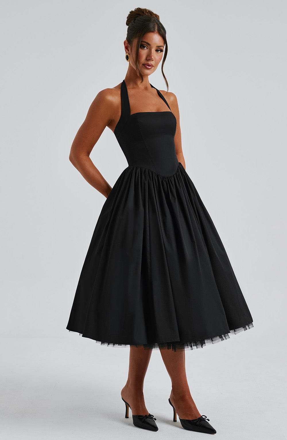Rochie midi pentru femei cu guler halter, corset mulat și spate decupat