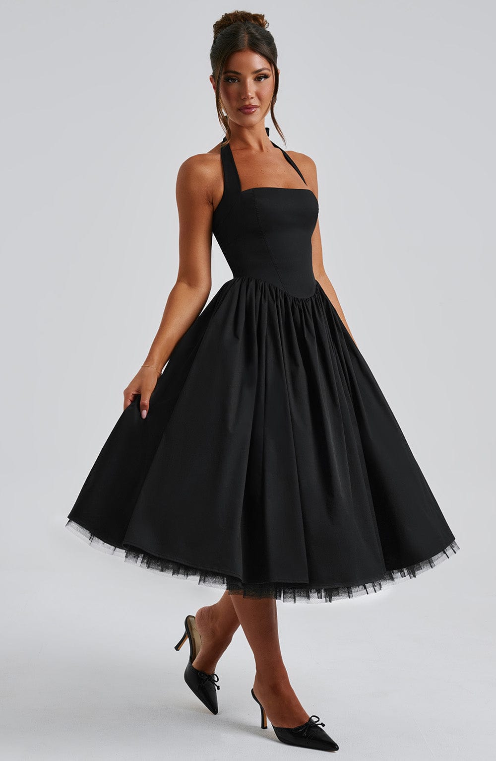 Rochie midi pentru femei cu guler halter, corset mulat și spate decupat