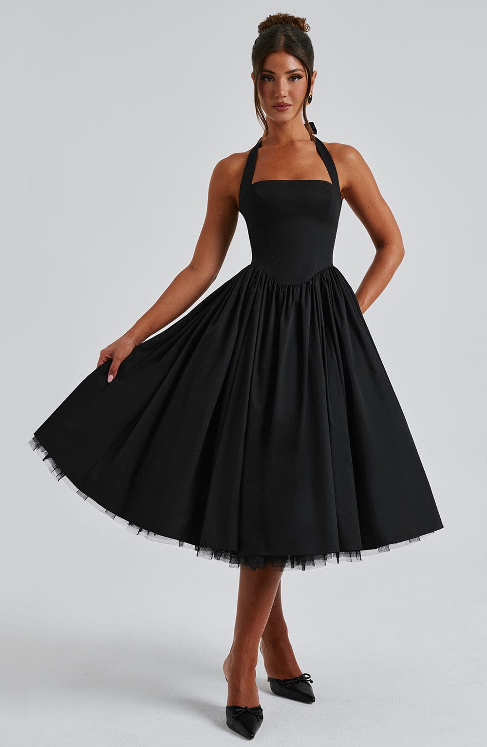 Rochie midi pentru femei cu guler halter, corset mulat și spate decupat