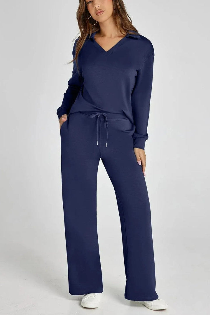Women's Lounge Set with Collared V Neck Top and Wide Leg Pants