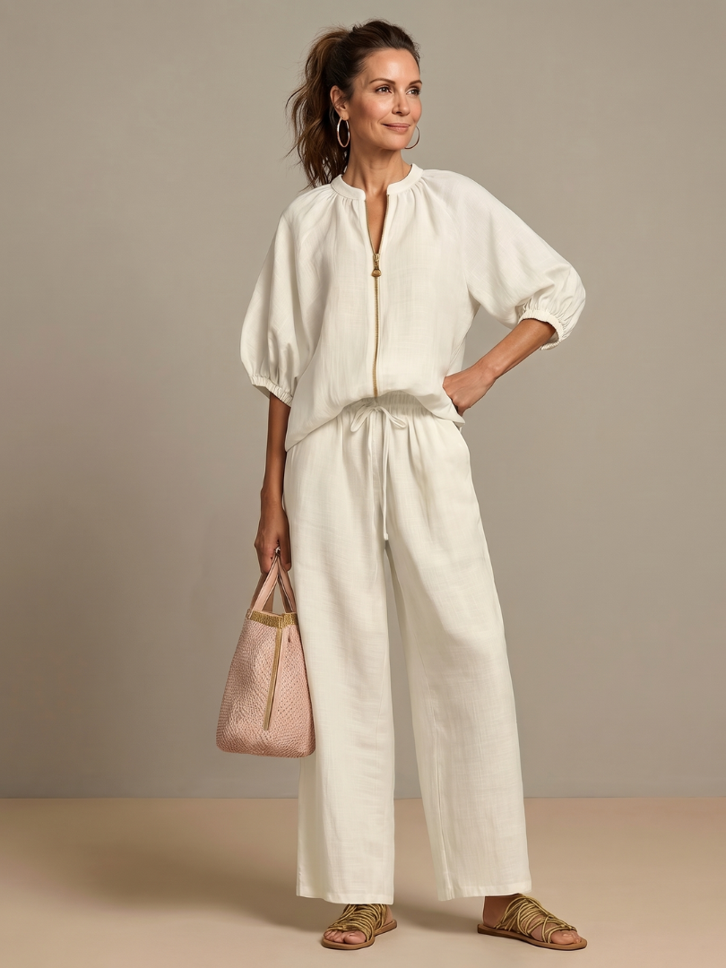 Women's Zip Front Blouson Top Wide Leg Set - photo 9