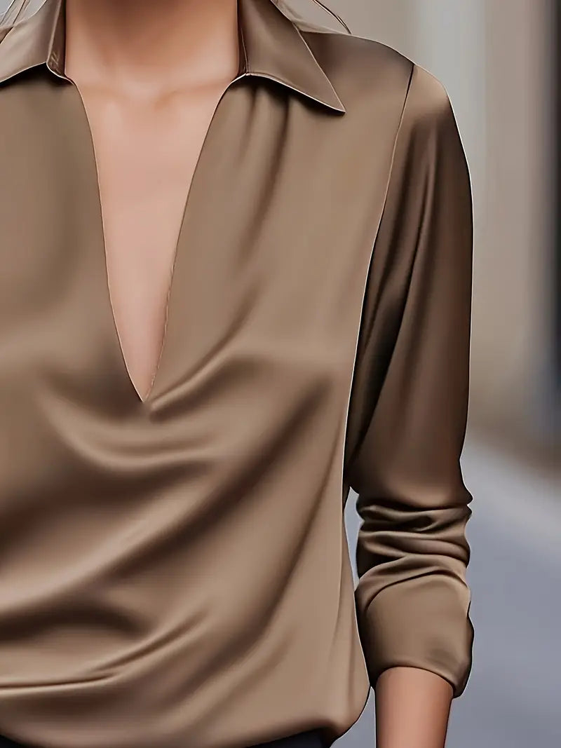 Women's V Neck Blouse with Satin Finish and Flowing Drape