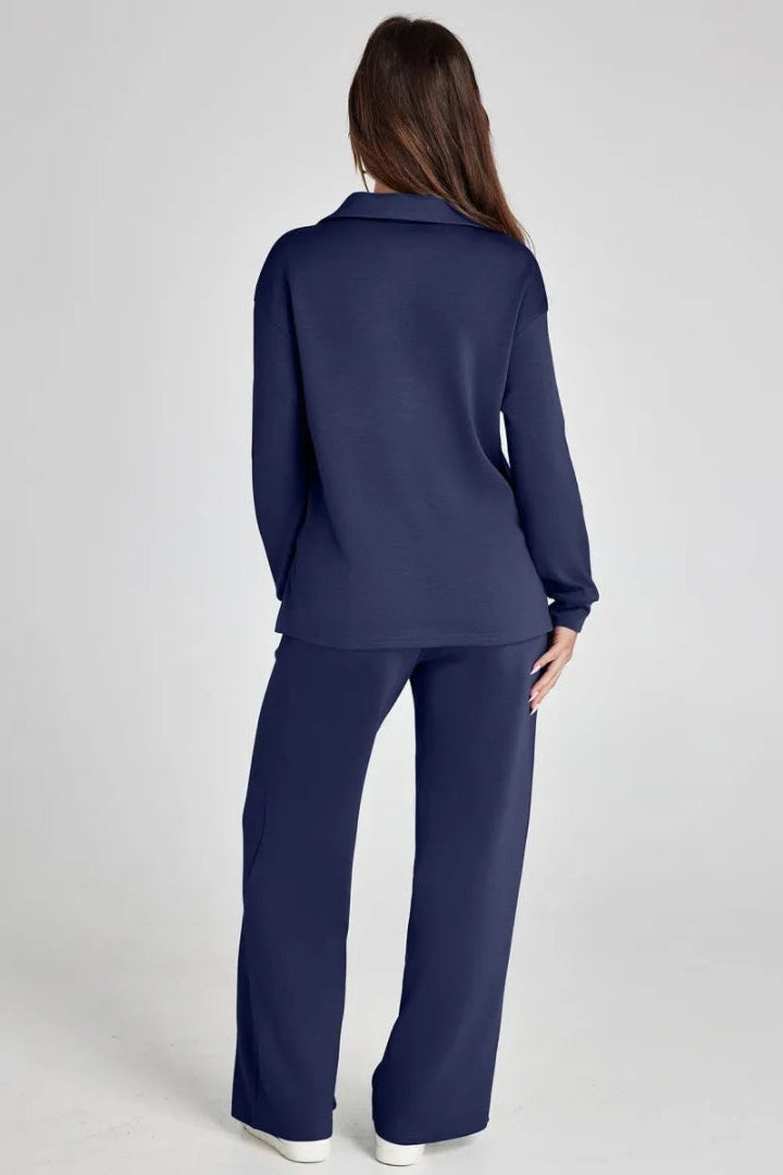 Women's Lounge Set with Collared V Neck Top and Wide Leg Pants