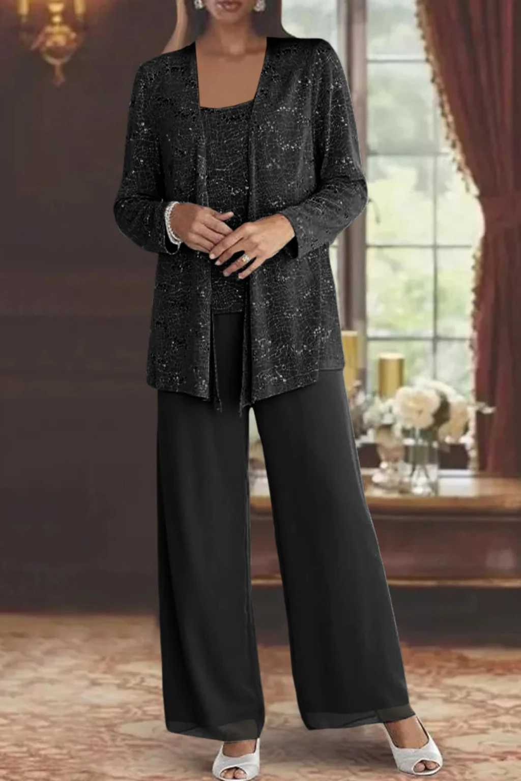Women's Sequin Lace Three Piece Trouser Suit Wide Leg