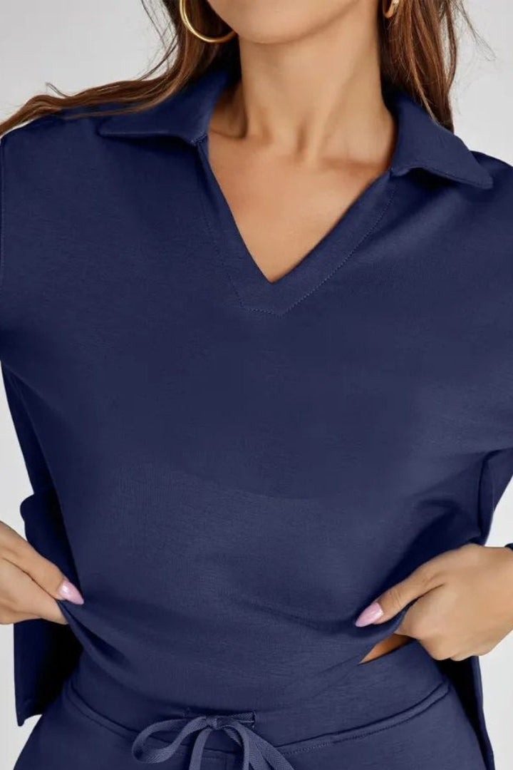 Women's Lounge Set with Collared V Neck Top and Wide Leg Pants