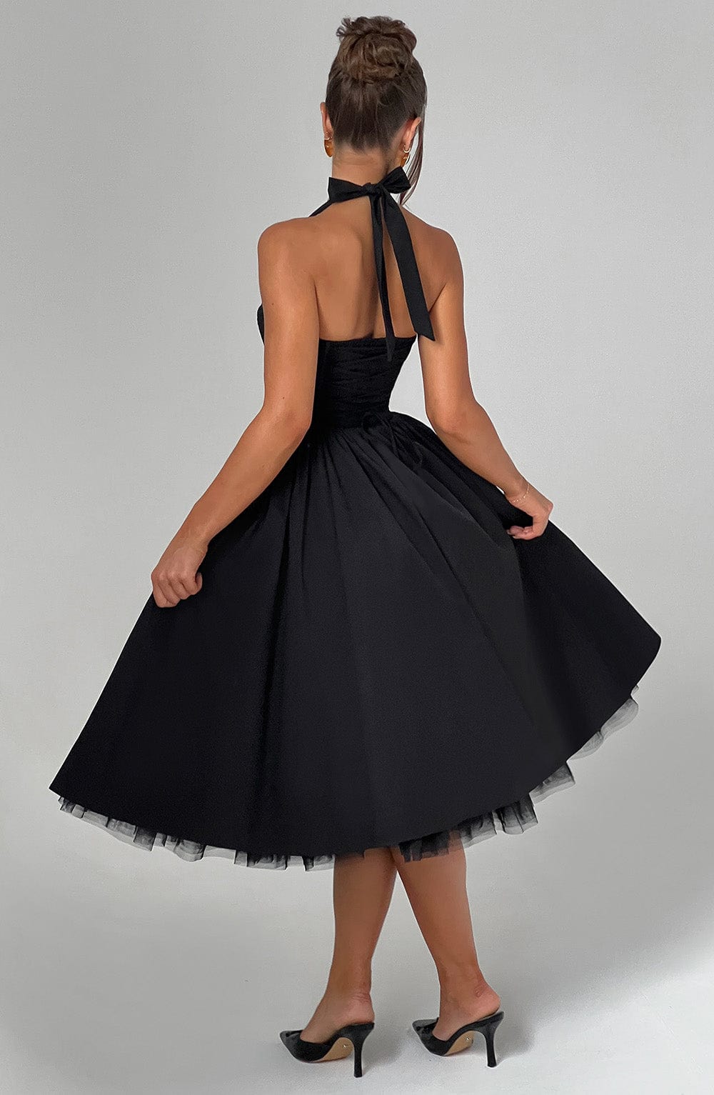 Rochie midi pentru femei cu guler halter, corset mulat și spate decupat