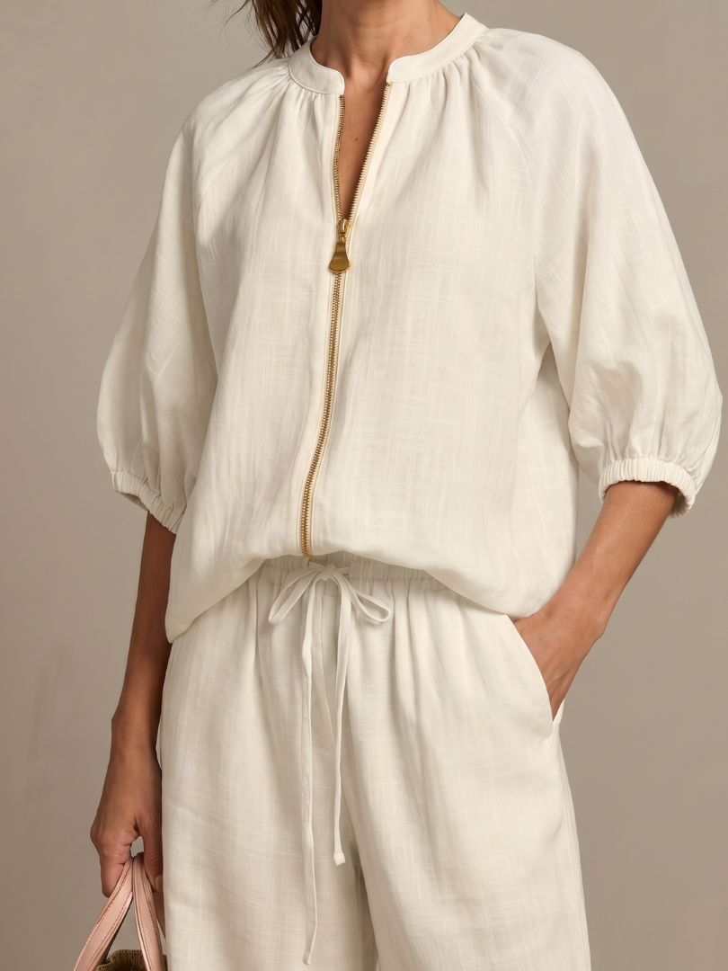 Women's Zip Front Blouson Top Wide Leg Set - photo 11