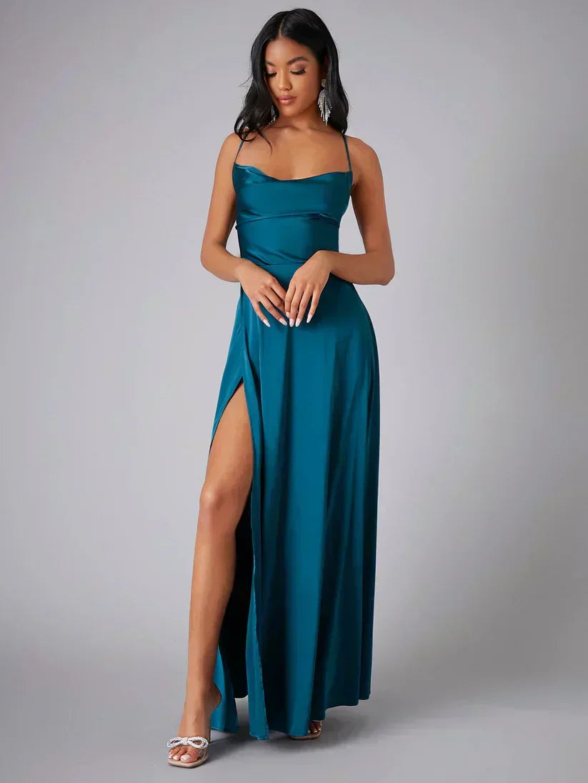 Women's Satin Maxi Evening Dress with High Slit - photo 4