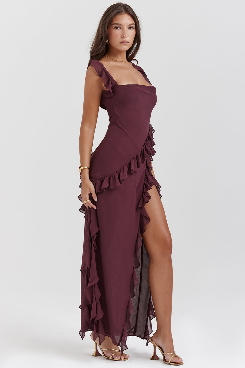 Women's Burgundy Wedding Guest Midi Dress with Flattering Drape - photo 1