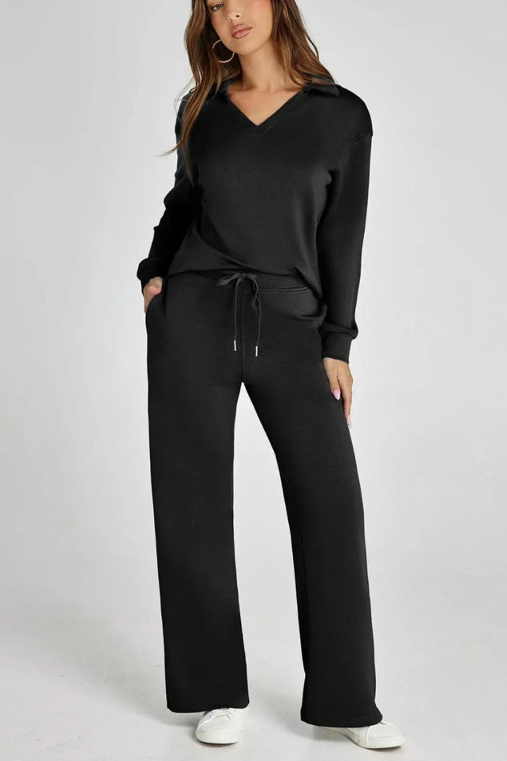 Women's Lounge Set with Collared V Neck Top and Wide Leg Pants