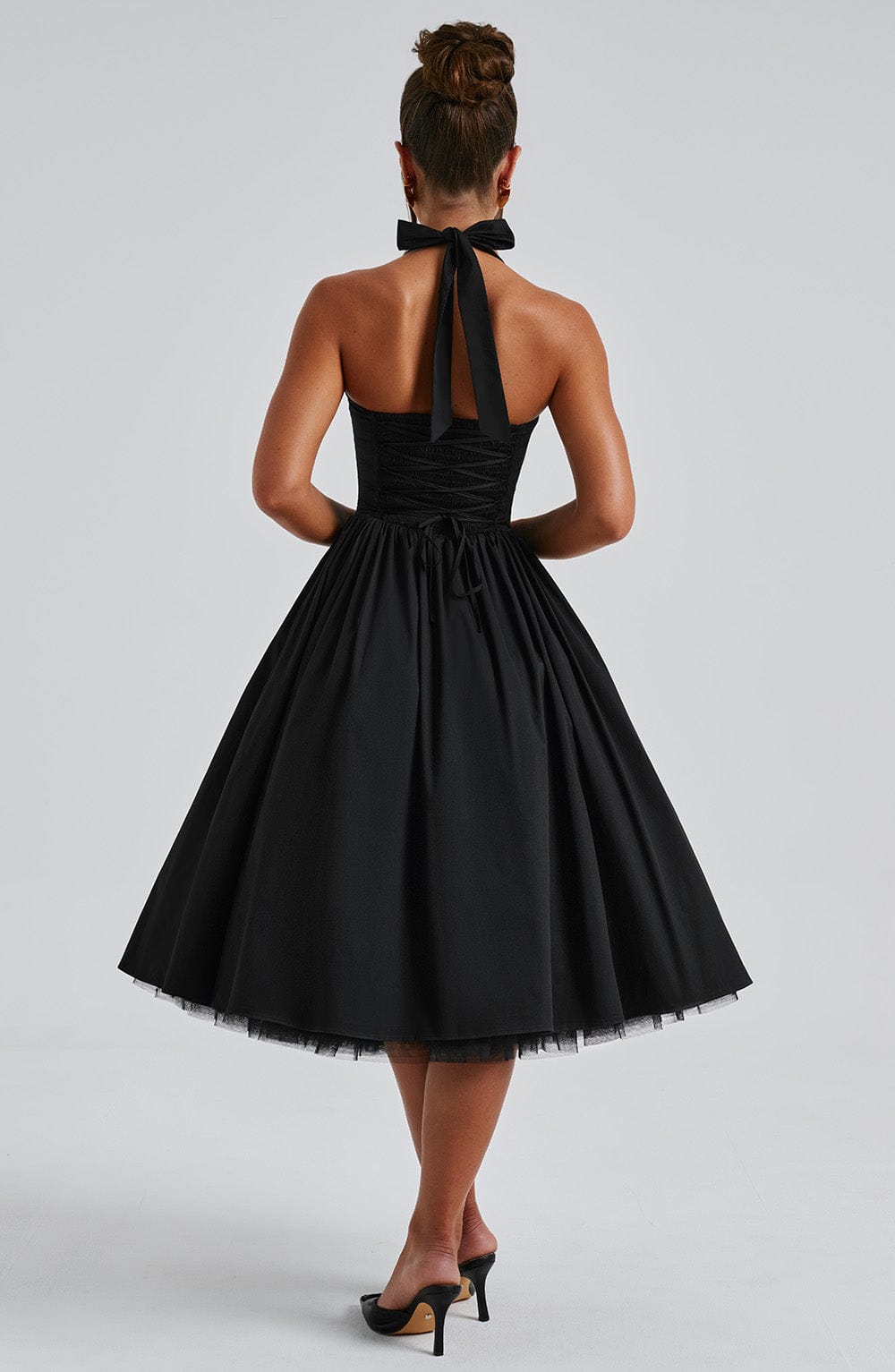 Rochie midi pentru femei cu guler halter, corset mulat și spate decupat