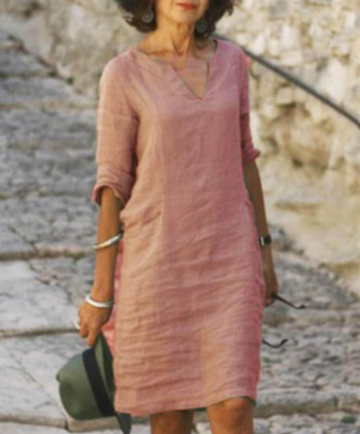 Women's Relaxed Fit Casual V-Neck Linen-Style Midi Dress for Summer