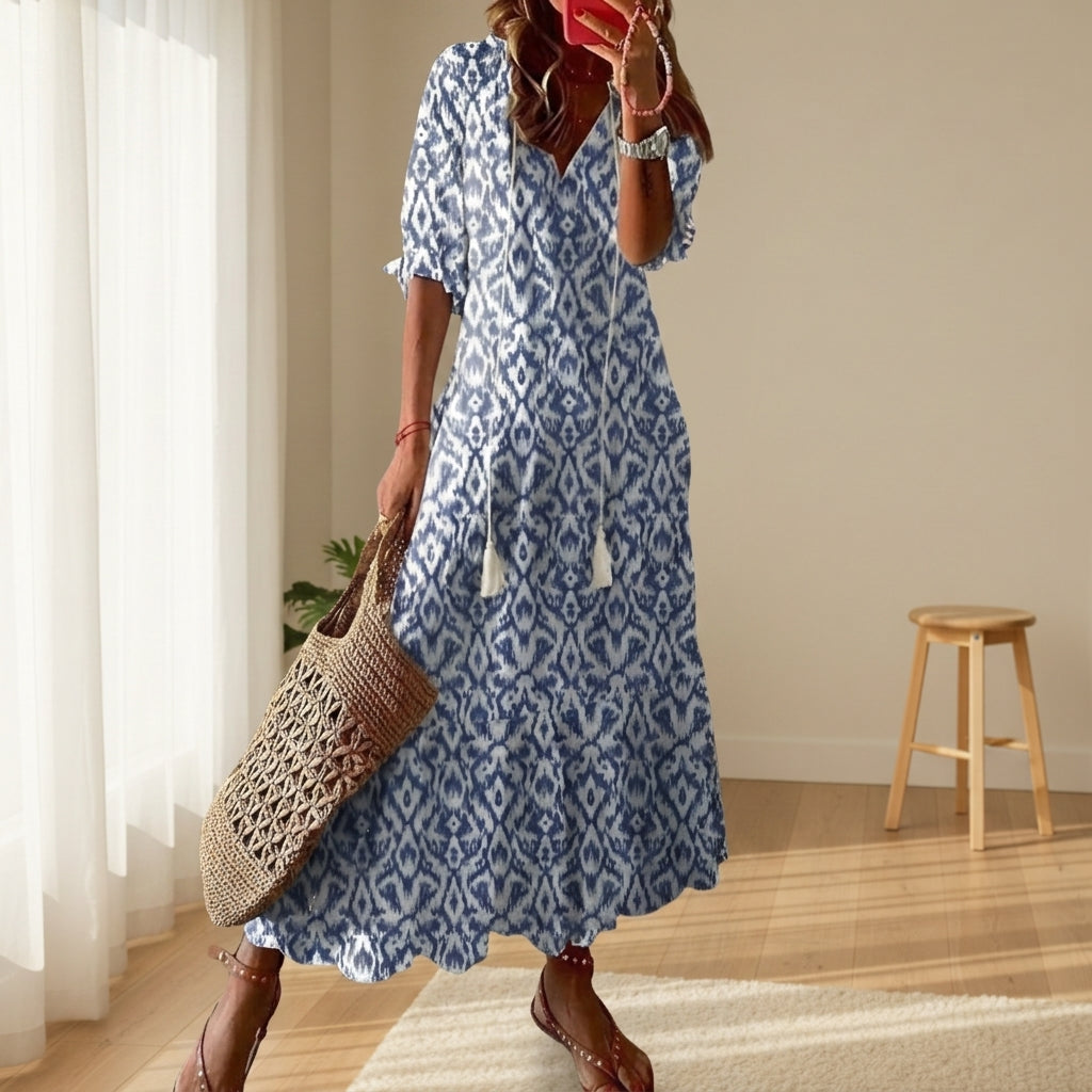Cortina - Rochie maxi boho pentru femei, cu ciucuri și legătură frontală