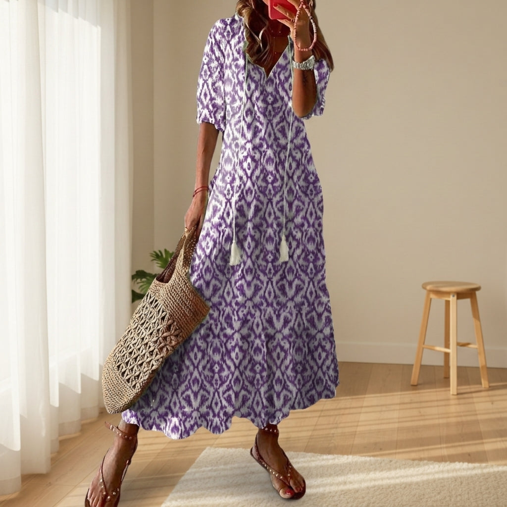 Cortina - Rochie maxi boho pentru femei, cu ciucuri și legătură frontală