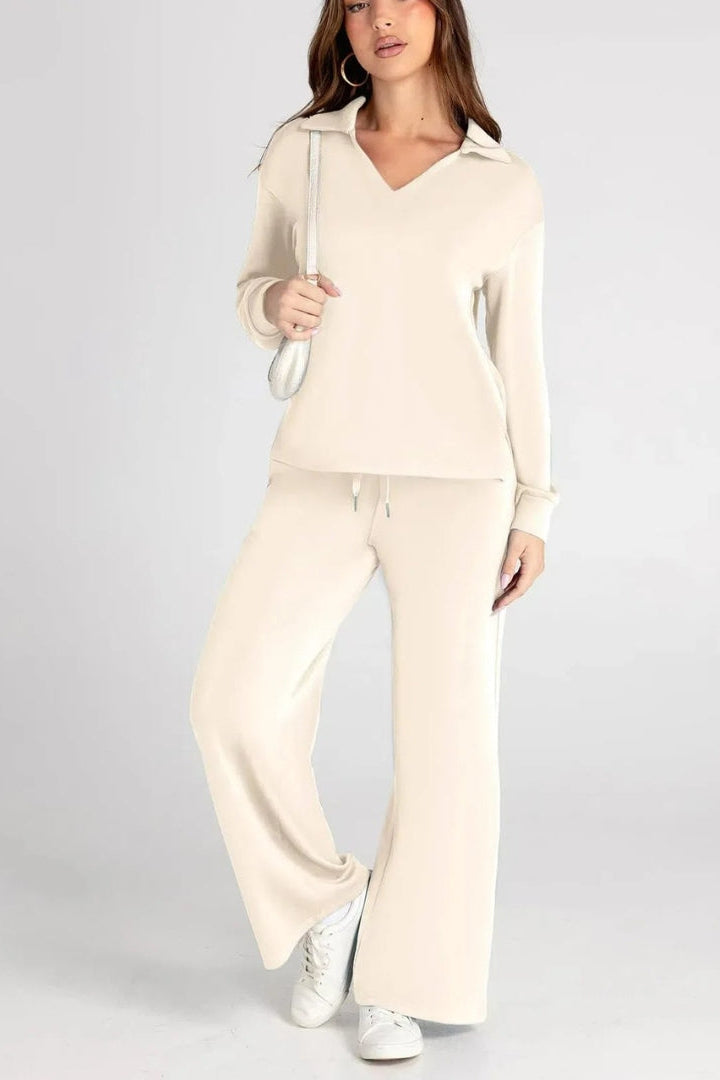 Women's Lounge Set with Collared V Neck Top and Wide Leg Pants