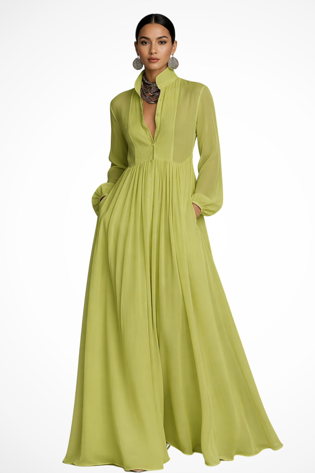 Women's Long Sleeve Maxi Dress with Button Front