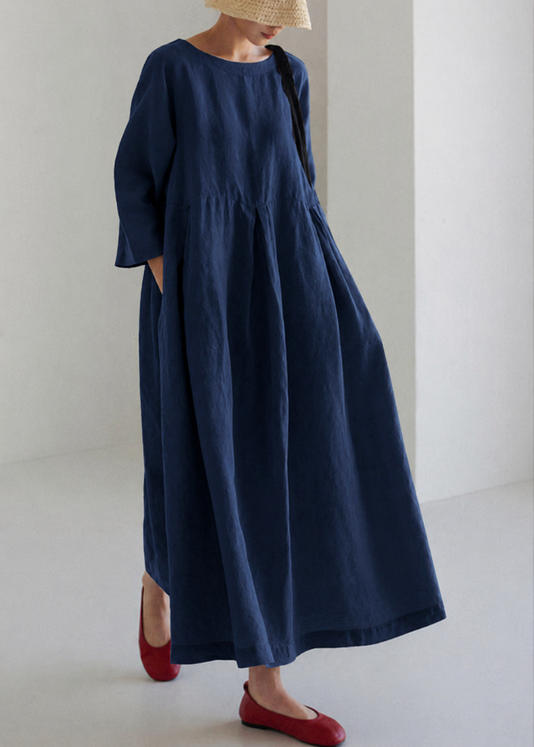 Women's Loose Maxi Dress with Three-Quarter Sleeves