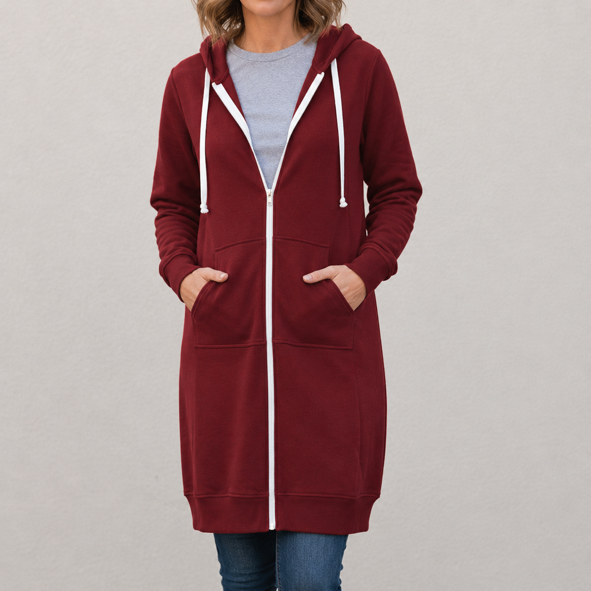 Veronica - Women's Long Hooded Jumper - Burgundy