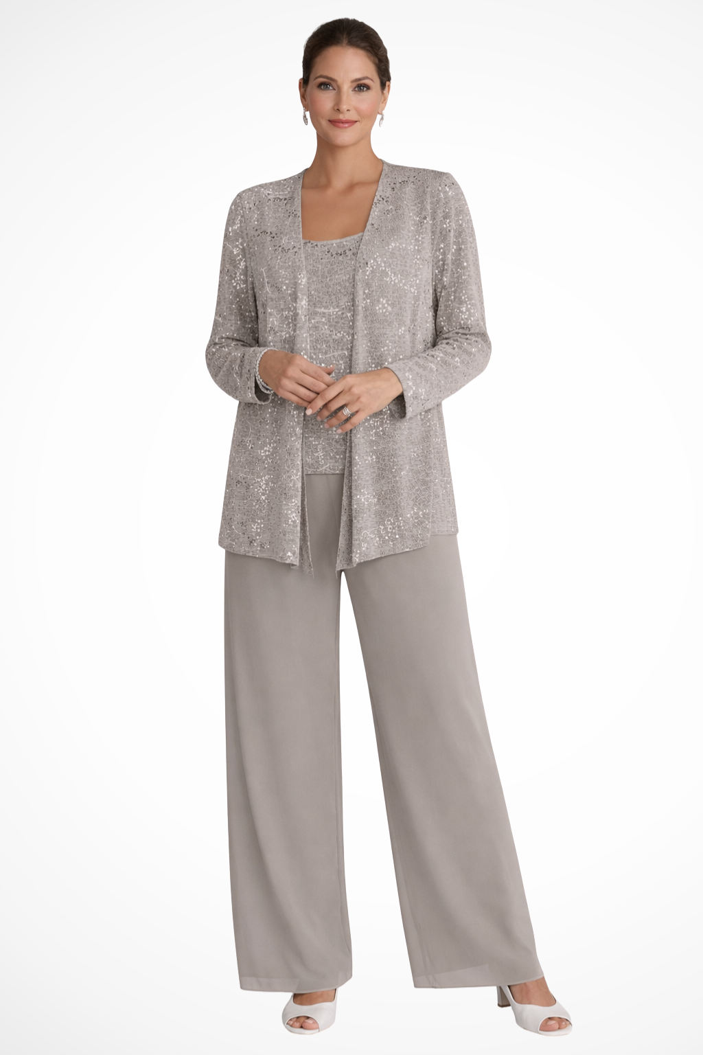 Women's Sequin Lace Three Piece Trouser Suit Wide Leg