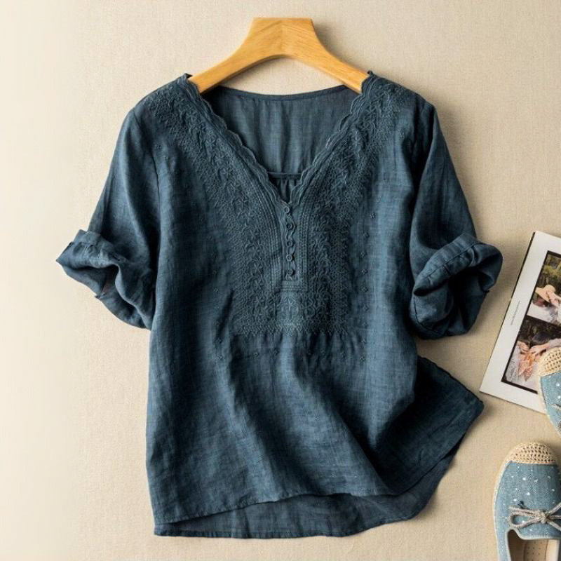 Women's Embroidered V-Neck Blouse with Relaxed Fit - photo 3
