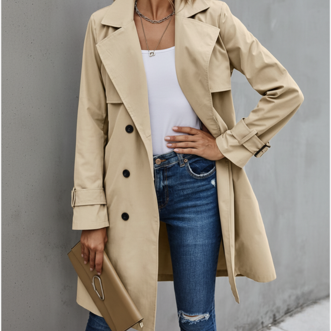 Double Breasted Belted Knee-Length Trench Coat for Women – Timeless Elegant Style