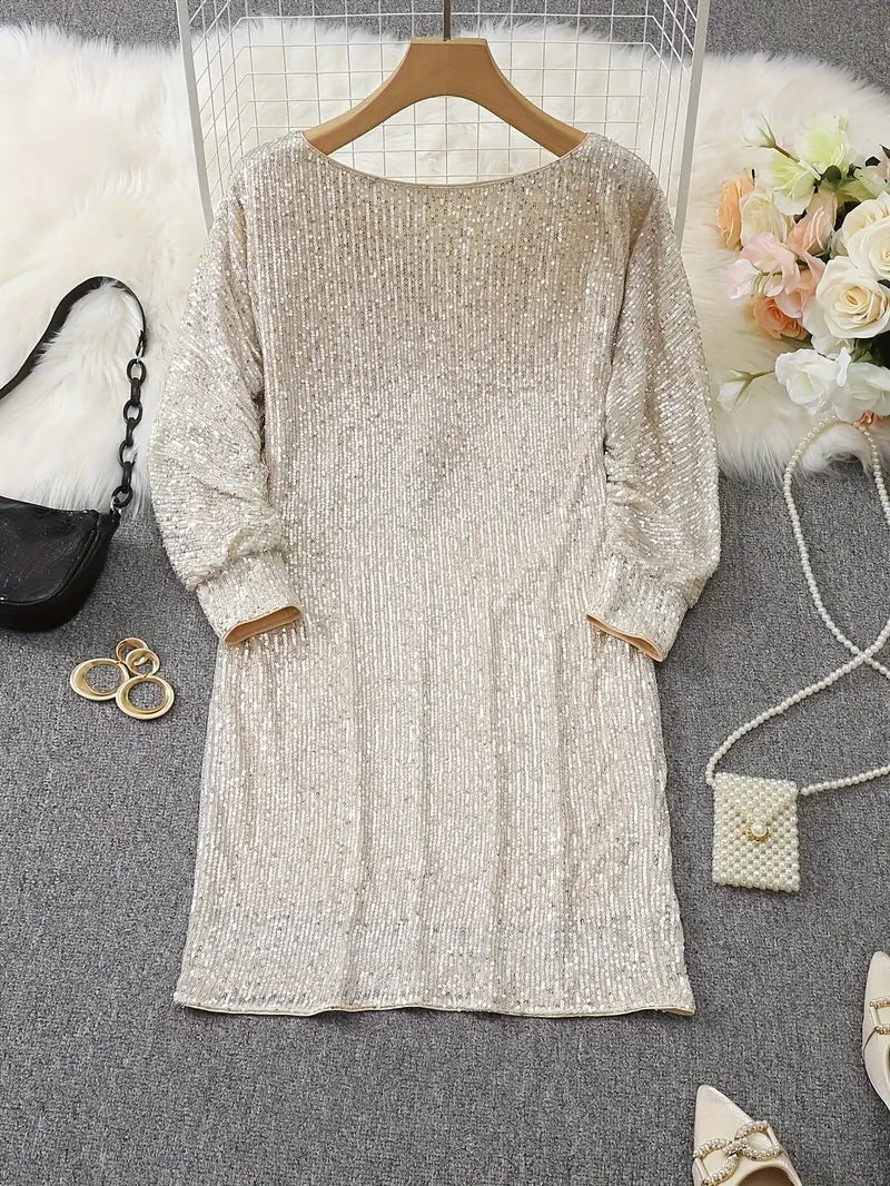 Women's Off-Shoulder Sequin Mini Dress with Batwing Sleeves - photo 9